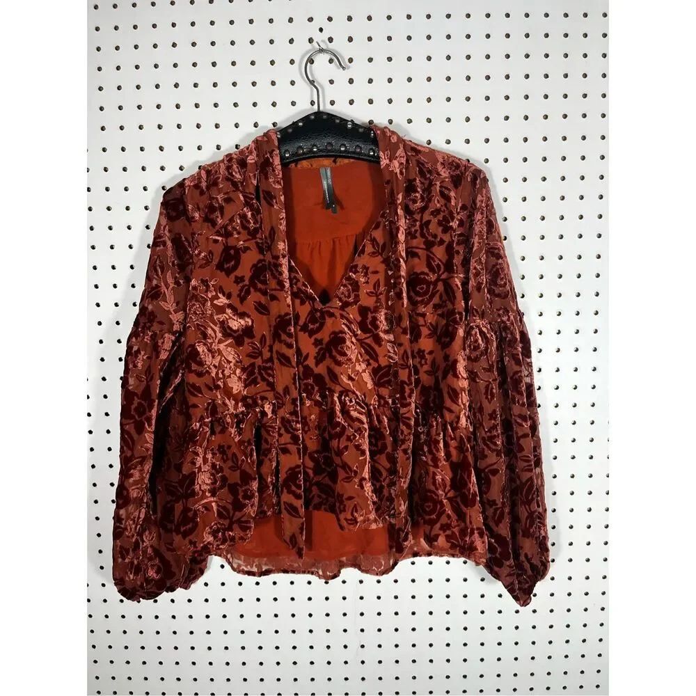 Anthropologie velvet burnout tie neck blouse size XS
